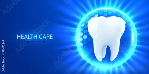 Bright white tooth protected by a glowing blue shield, symbolizing strong dental care and health. Vector illustration