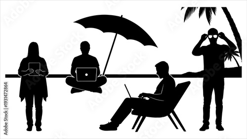 People enjoying a remote tropical getaway, working and relaxing under palm trees and umbrella on a serene beach