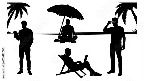 Men relaxing on the beach with remote work, sitting under an umbrella, standing, and reclining in a deck chair on a tropical shore.