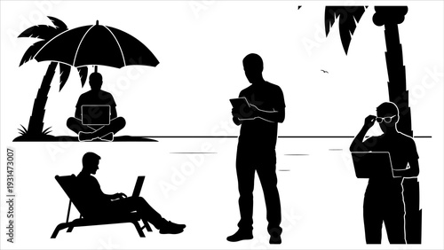 People enjoying leisure activities on a serene beach with palm trees and a tranquil atmosphere from a distant viewpoint