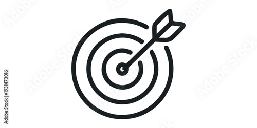 A black and white dartboard target with a red arrow hitting the center bullseye represents business success and winning marketing goals through accuracy and 3d competition