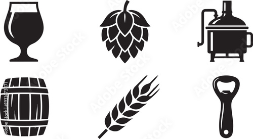 Craft Beer Brewing, Microbrewery Equipment and Artisan Beverage Ingredients Side Profile Silhouette Icon Set Vector Illustration