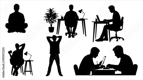 People working remotely at 30% capacity, silhouetted against a plain background, various workspaces and postures depicted in vector illustration