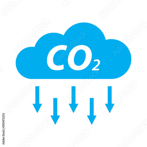 an icon representing the reduction of carbon dioxide (CO2) emissions, showing a cloud with the chemical formula CO2 and several downward arrows indicating a decrease or removal from the atmosphere