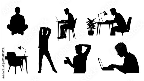 Collection of silhouetted people working remotely with laptops and lamps at modern desks in various postures