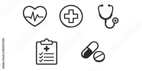 This medical icons set features a professional vector illustration of health symbols and web design elements for business and internet medicine applications