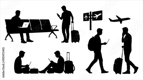 Travelers waiting and moving with luggage at airport terminal, viewed from various angles with airplane in flight.