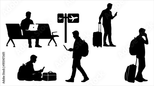 Travelers with luggage at airport, checking information on devices, waiting, and walking with suitcases, silhouetted against a plain background.