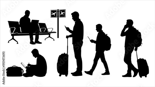 People at airport with luggage and technology, viewed from the side, illustrating travel and modern connectivity