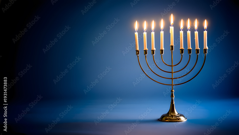 Fototapeta premium A lit menorah with nine candles glowing brightly against a deep blue background.