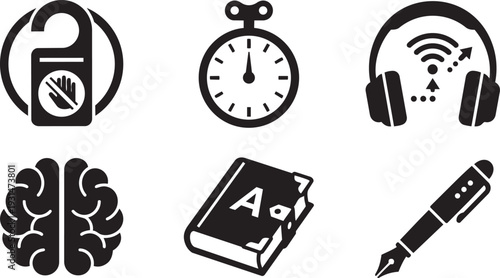 Deep Work Strategy, Maximum Productivity and Focused Concentration Bold Silhouette Icon Set Vector Illustration