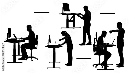 People working remotely at various desks with computers and laptops in a modern office setting from an aerial viewpoint like in remote-41.eps
