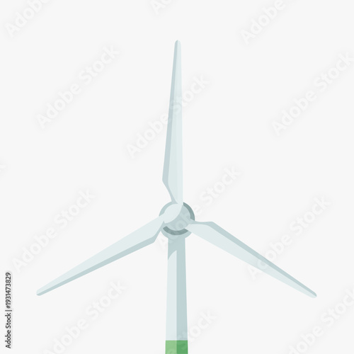 White wind turbine with three blades on a green pole.
