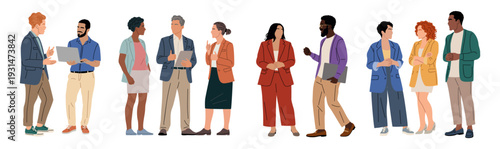 Diverse full body business people standing, talking, collaborating in casual smart outfits, using laptops, digital tablets, depicting communication, networking, teamwork, and brainstorming.