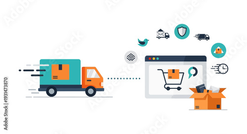 E-commerce Delivery and Logistics Concept. Fast Shipping, Online Order Tracking, Secure Parcel Fulfillment, and Express Services.