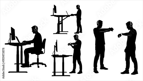 People working and exercising in various postures across different workstations and environments viewed from the side