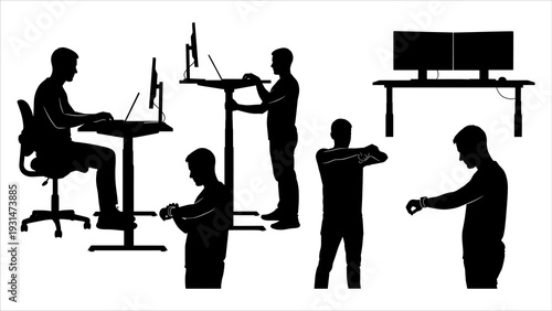 Group of professionals collaborating in a modern workspace with various computer equipment and ergonomic furniture viewed from a slightly elevated perspective