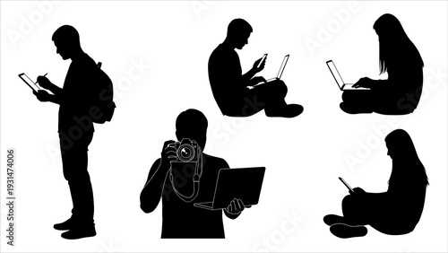 People in various poses using electronic devices in different locations