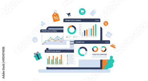 Digital Marketing Strategy, Promotion Planning & Analytics Dashboard Illustration