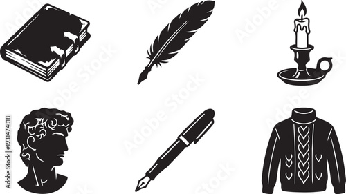 Dark Academia Aesthetic, Classical Literature and Scholarly Research Silhouette Icon Set Vector Illustration