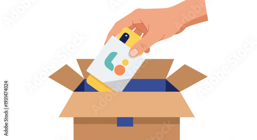 Unboxing New Smartphone into Shipping Box: E-commerce, Mobile App Delivery, and Tech Innovation Concept