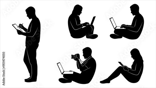 Various individuals using digital devices in different poses and environments
