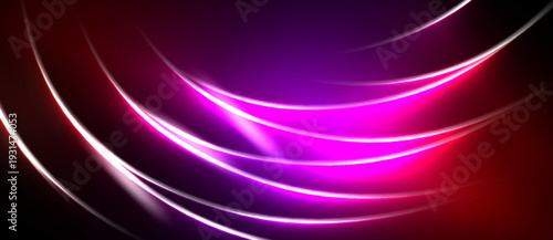 Abstract background features vibrant curves, glowing lines. Pink, purple, red hues dominate dark space. Dynamic energy radiates.