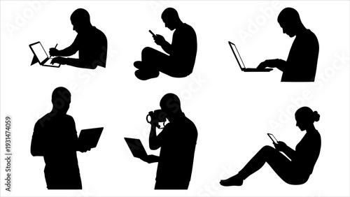Silhouetted people using various devices in different poses, viewed from multiple angles, showcasing modern remote work lifestyle environments
