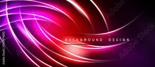 Bright neon lines swirl over dark red, purple gradients. Text reads background design centered below curves. Modern abstract visual.