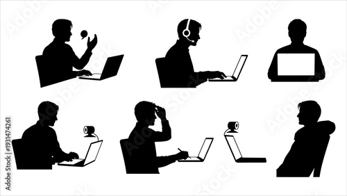 Various remote individuals working on laptops in different settings and actions