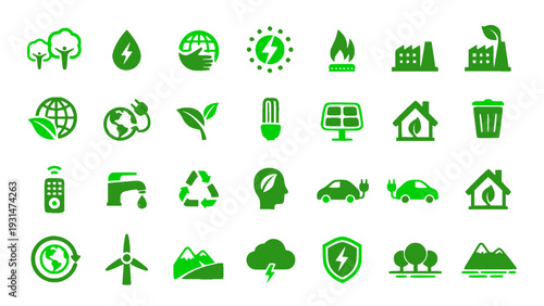 Environmental protection icons including renewable energy, trees, water, and eco symbols. Flat green vector EPS.