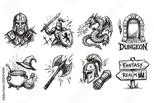 Game Fantasy Icon Set Magic Dungeon Dragon RPG Medieval Warrior Avatar Knight Battle Sword Armour Helmet Witch Hat Potion