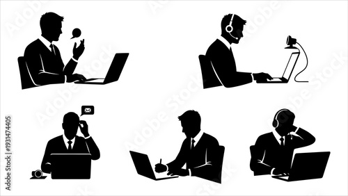 Business professionals working remotely with laptops and headsets in various office settings, viewed from multiple angles