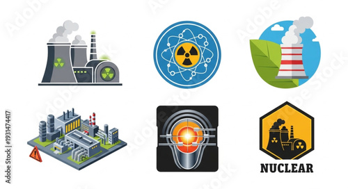 Collection of nuclear power plant icons and symbols.