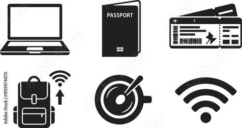 Digital Nomad Lifestyle, Remote Work Travel and Freelance Entrepreneur Silhouette Icon Set Vector Illustration