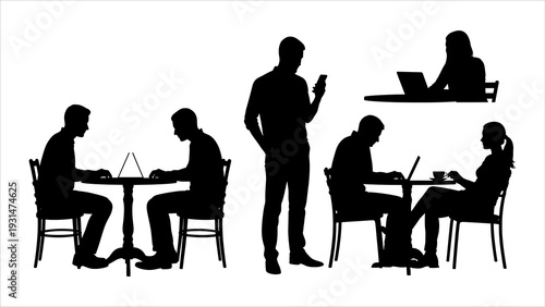 People working remotely on laptops and mobile devices in a modern office environment from various viewpoints