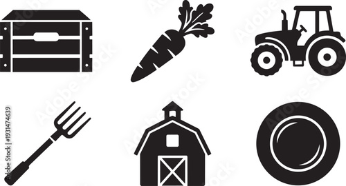 Farm to Table, Sustainable Agriculture and Fresh Organic Produce Logistics Silhouette Icon Set Vector Illustration