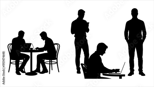 Silhouetted figures working remotely on laptops and documents in various postures.