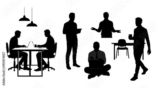 Silhouetted office workers collaborating and meditating in a modern workspace viewed from a straightforward perspective.