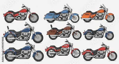 Collection of Various Cruiser Motorcycles on White Background.