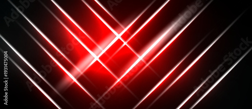 Abstract background features bright red, white lines converging toward center. Dark space surrounds glowing geometric shapes. Minimalist design.
