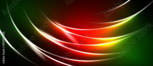 Abstract background features vibrant curves. Colors transition from green, yellow, red, white against black space. Dynamic, smooth lines create energy.