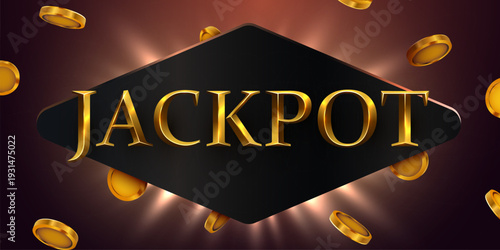 Golden JACKPOT sign with falling coins on a dark luxury background, perfect for casino, games, or success themes. Vector illustration.