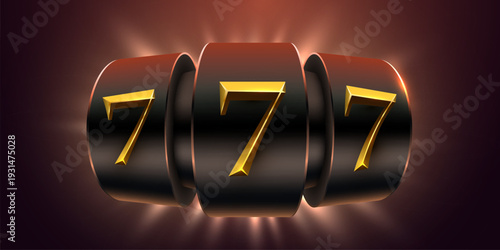 Lucky triple seven, golden on casino slot machine reels. A vibrant symbol of jackpot and success. Vector illustration