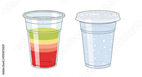 Set of two transparent plastic beverage cups featuring a colorful layered fruit drink and a clear carbonated soda with bubbles.