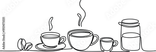 One Line Coffee House Essentials Art, Minimalist Morning Brew Line Drawing, Artisan Cafe Beverage Sequence Graphic, vector, illustration, silhouette.