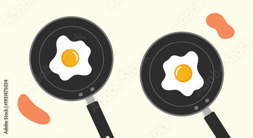 High angle view of two black non-stick frying pans each containing a perfectly cooked sunny side up fried egg on a light table.