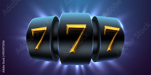 Golden 777 jackpot on shining slot machine reels, representing luck, win, and casino success. Vector illustration.