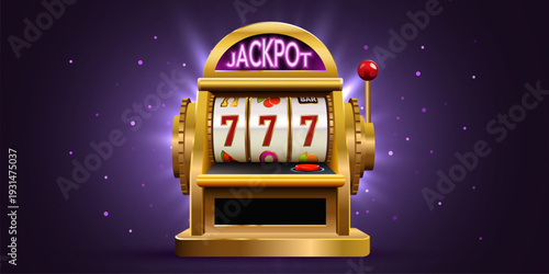 Golden slot machine with 777 jackpot on a purple background, representing luck and big wins. Vector illustration.