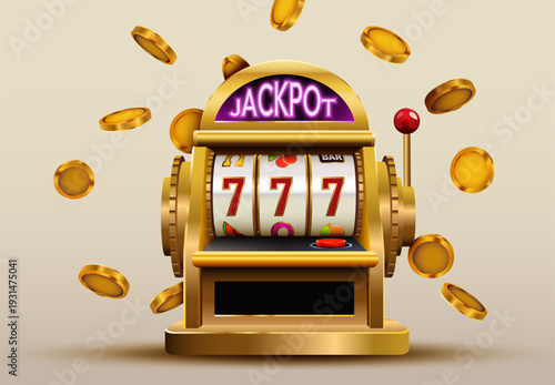 Golden slot machine with jackpot and falling coins, showing lucky triple seven. Vector illustration.